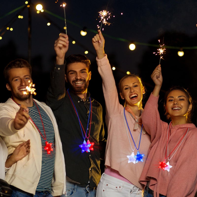 EOBOH 4th of July Accessories, 3PCS Star Light up Necklace Independence Day Beads, Red White Blue Patriotic Fourth of July Necklace Party Favor, Glow Star Accessories for Memorial Veterans Day Parades - Image 3