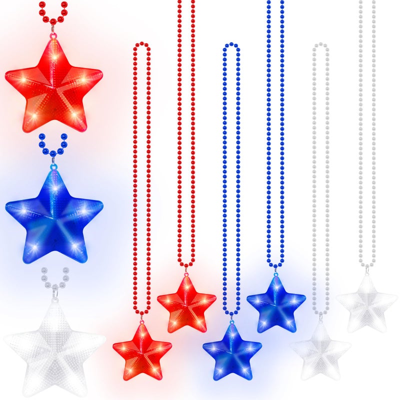 EOBOH 4th of July Accessories, 3PCS Star Light up Necklace Independence Day Beads, Red White Blue Patriotic Fourth of July Necklace Party Favor, Glow Star Accessories for Memorial Veterans Day Parades - Image 1
