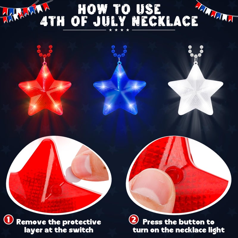 EOBOH 4th of July Accessories, 3PCS Star Light up Necklace Independence Day Beads, Red White Blue Patriotic Fourth of July Necklace Party Favor, Glow Star Accessories for Memorial Veterans Day Parades - Image 2