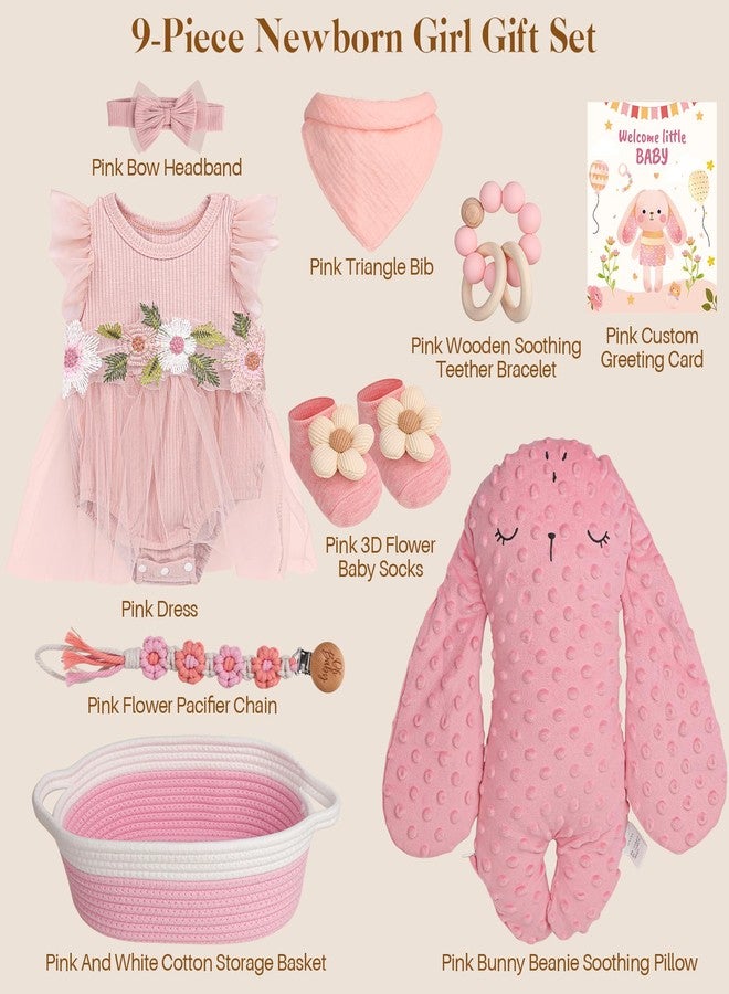 Elysirise Baby Girl Gift Basket | 9 PCS Pink Welcome Home Newborn Baby Girl Gift Set with Dress, Headband | Baby Girl Newborn Essentials with Socks, Storage Basket | Baby Shower Gift for Girls - Image 2