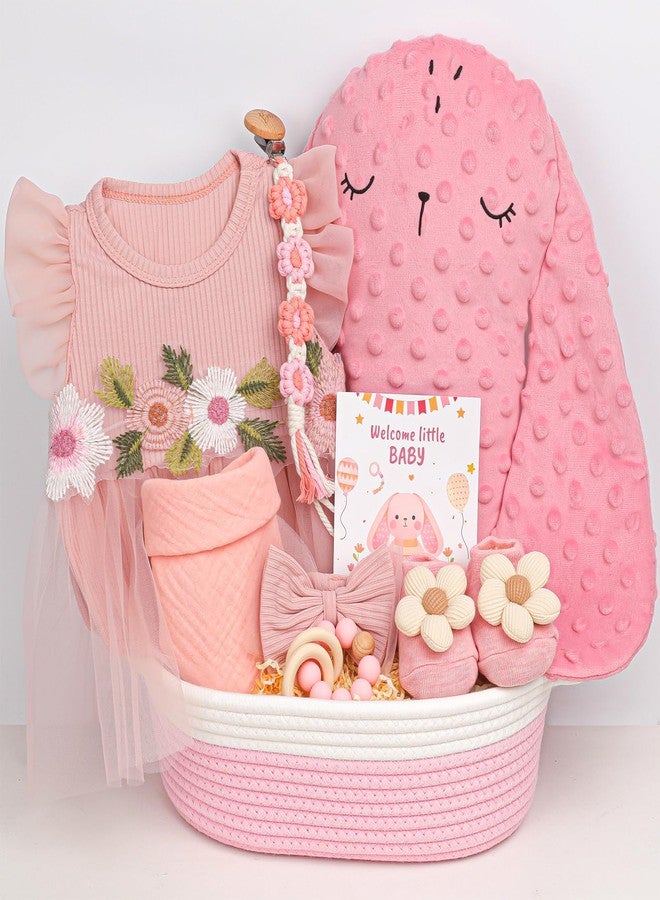 Elysirise Baby Girl Gift Basket | 9 PCS Pink Welcome Home Newborn Baby Girl Gift Set with Dress, Headband | Baby Girl Newborn Essentials with Socks, Storage Basket | Baby Shower Gift for Girls - Image 1