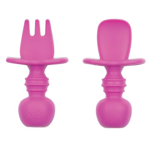 Bumkins Baby Utensils Set, Chewtensils Silicone Spoons for Dipping, Self-Feeding, Baby Led Weaning, Trainer Learning, First Stage Eating, Soft Practice Fork and Spoon, Babies 6 Months, Fuchsia - Image 1