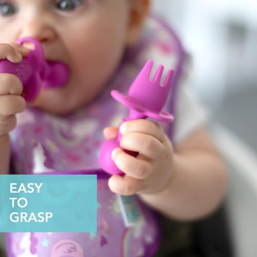 Bumkins Baby Utensils Set, Chewtensils Silicone Spoons for Dipping, Self-Feeding, Baby Led Weaning, Trainer Learning, First Stage Eating, Soft Practice Fork and Spoon, Babies 6 Months, Fuchsia - Image 3