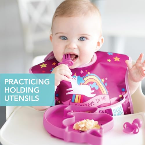 Bumkins Baby Utensils Set, Chewtensils Silicone Spoons for Dipping, Self-Feeding, Baby Led Weaning, Trainer Learning, First Stage Eating, Soft Practice Fork and Spoon, Babies 6 Months, Fuchsia - Image 2