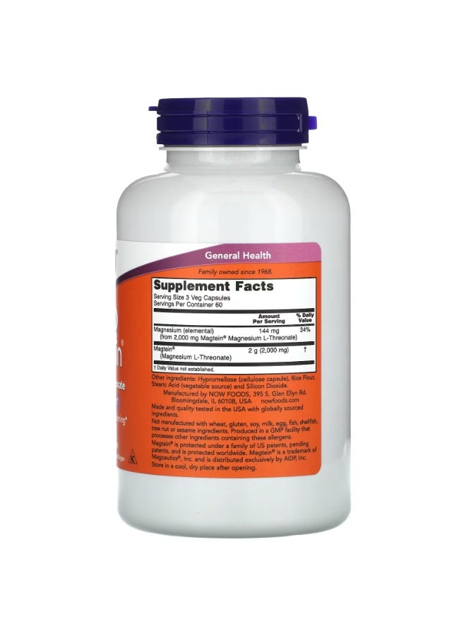 now Magtein®, Magnesium L-Threonate, 180 Veg Capsules - Image 2