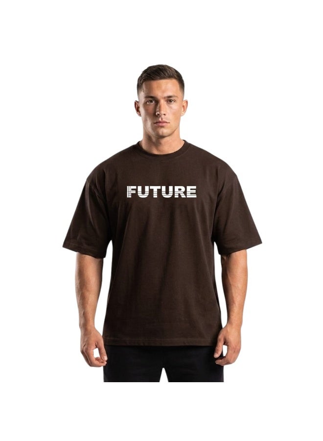 Future Men's Oversized T-Shirt Printed Logo Casual Short Sleeve Crew Neck Tee - Dark Brown - Image 1