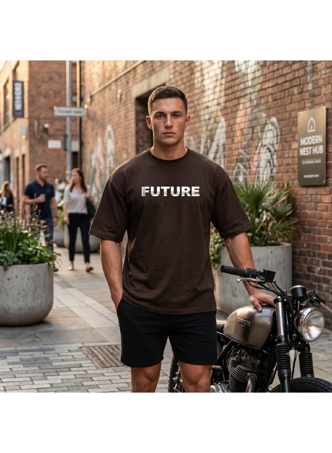 Future Men's Oversized T-Shirt Printed Logo Casual Short Sleeve Crew Neck Tee - Dark Brown - Image 2