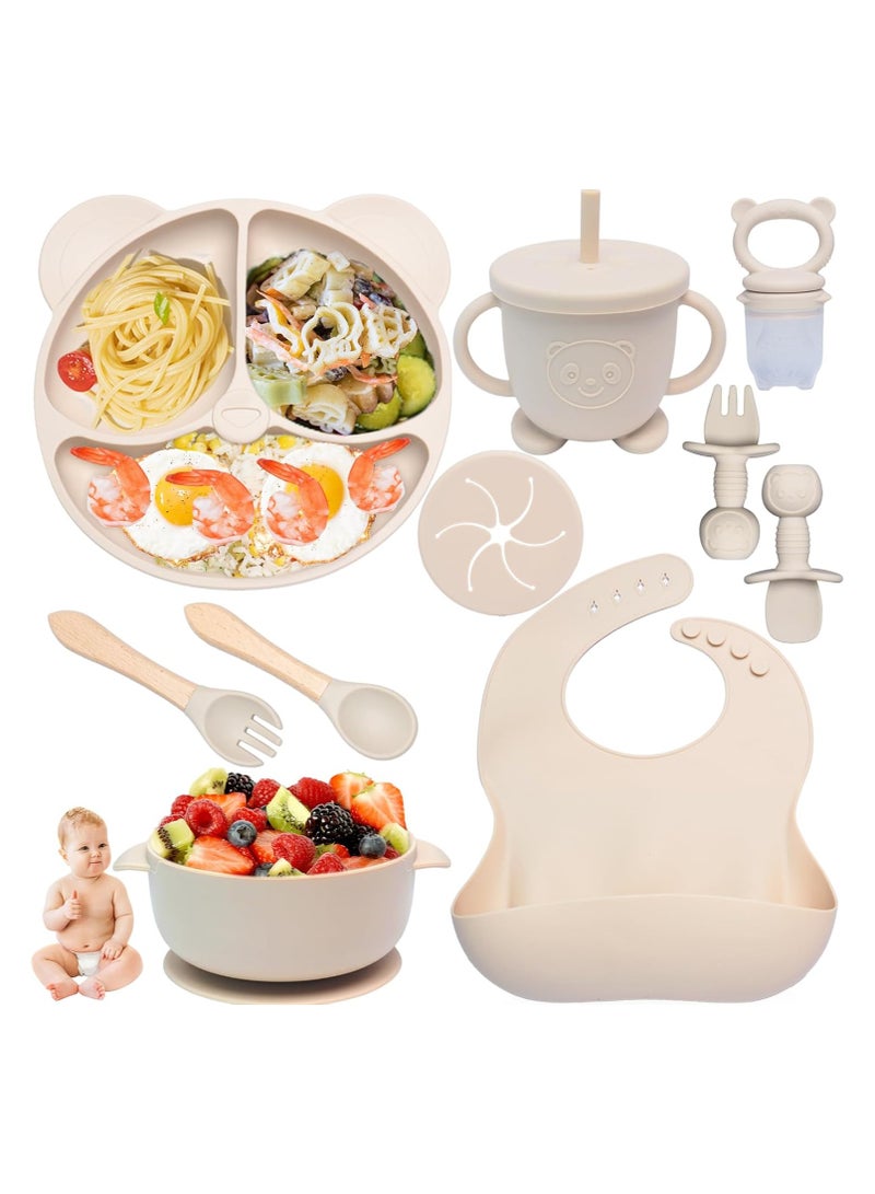 آي ميس يو مجموعة تغذية الأطفال من السيليكون، 11 قطعة من لوازم فطام الأطفال المزودة بتقنية LED، مريلة للأطفال الصغار، كوب مقسم، طبق ووعاء، طقم ملاعق ذاتية التغذية، أدوات طعام للأطفال، لوازم تغذية الأطفال الصغار - Image 1