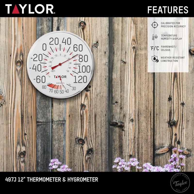 Taylor Metal Wall Indoor Outdoor Thermometer and Hygrometer, Easy to Read Numbers for Patio, Pool, and Indoor Areas, 12 inch, White - Image 2