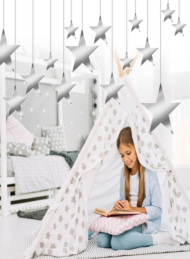 Styquenzer ٢٤ قطعة من النجوم الكرتونية الفضية المعلقة لتزيين الحفلات، ٤ أحجام، نجوم كرتونية لامعة مع خيط نايلون، زينة نجوم ورقية مطبوعة مزدوجة لتزيين جدران حفلات الزفاف - Image 5