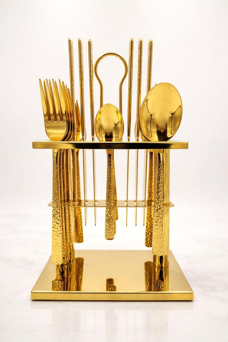 24-Piece Stainless Steel Flatware Set with Stand, Cutlery Set, Include Knives Forks Spoons Large and Small Cutlery Set Service for 6, Dishwasher Safe (Gold, Shape 4)