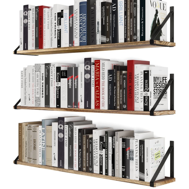 Wallniture Bora 36 Inch Large Floating Shelves for Wall Storage Floating Bookshelf Set of 3 Burned Wood Wall Shelves for Books