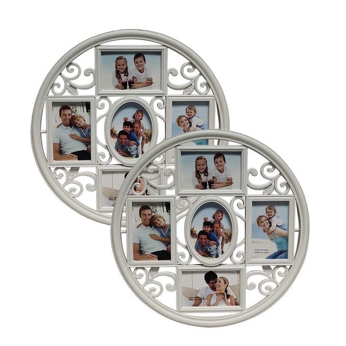 2Pack of 4x6 Wall Photo Collage Frames Round Circular Circle Wall Hanging Picture Collage Frame with Leaf Decoration 5 Opening White