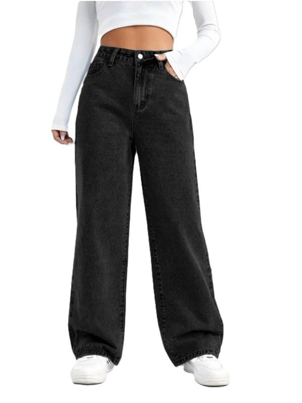 Waltz Women's Baggy Oversized Loose Fit High Waist Stretchable and Comfortable Casual Denim Jeans Pant for Women, 28 Black - Image 1