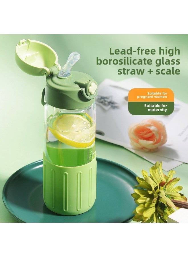 Pregnant Women's Cup Straw Cup Maternal Special Scale Net Red Glass High Color Value Water Cup High Temperature Resistant With Silicone Sleeve-Color:Matcha Green-Capacity:500ml  - Image 4