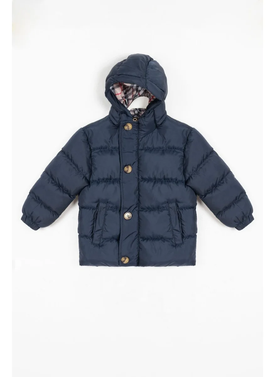 Zepkids Hooded Long Sleeve Buttoned Zippered Hooded Long Sleeve Navy Blue Color Boy's Coat