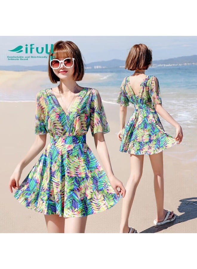 Skin-friendly Yifu Micro-chubby Swimsuit For Girls, Plus Size, Conservative And Fashionable, Slimming, Tummy-covering, Beach Vacation, Hot Spring, One-piece Dress-style Swimwear - Image 1