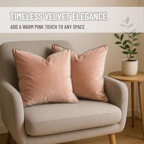 Blau Marité 2 Pack Velvet Decorative Throw Pillow Covers, 18"x18", Pink and Grey, Solid, Modern, Contrast Piping, Indoor Use, Bedroom & Living Room - Image 4