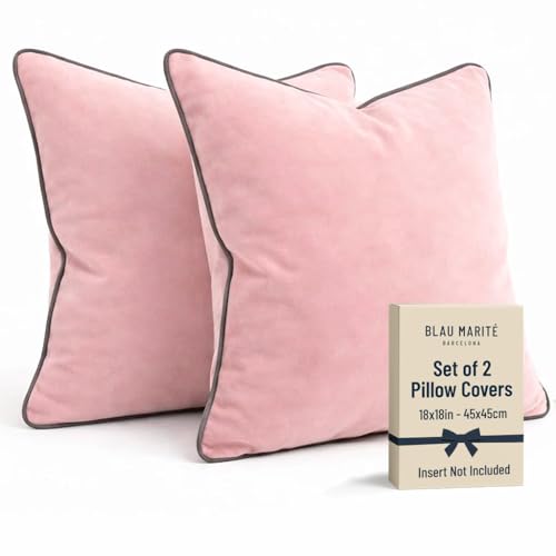 Blau Marité 2 Pack Velvet Decorative Throw Pillow Covers, 18"x18", Pink and Grey, Solid, Modern, Contrast Piping, Indoor Use, Bedroom & Living Room - Image 1