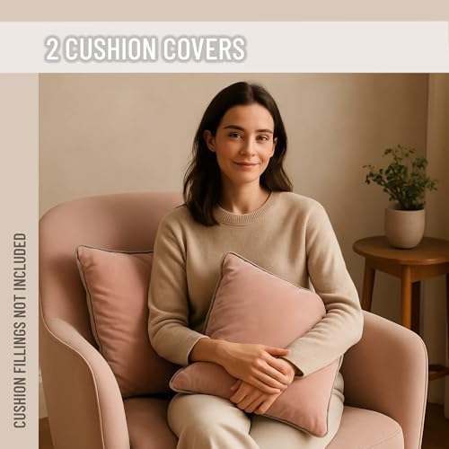 Blau Marité 2 Pack Velvet Decorative Throw Pillow Covers, 18"x18", Pink and Grey, Solid, Modern, Contrast Piping, Indoor Use, Bedroom & Living Room - Image 3