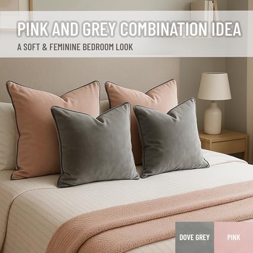 Blau Marité 2 Pack Velvet Decorative Throw Pillow Covers, 18"x18", Pink and Grey, Solid, Modern, Contrast Piping, Indoor Use, Bedroom & Living Room - Image 5