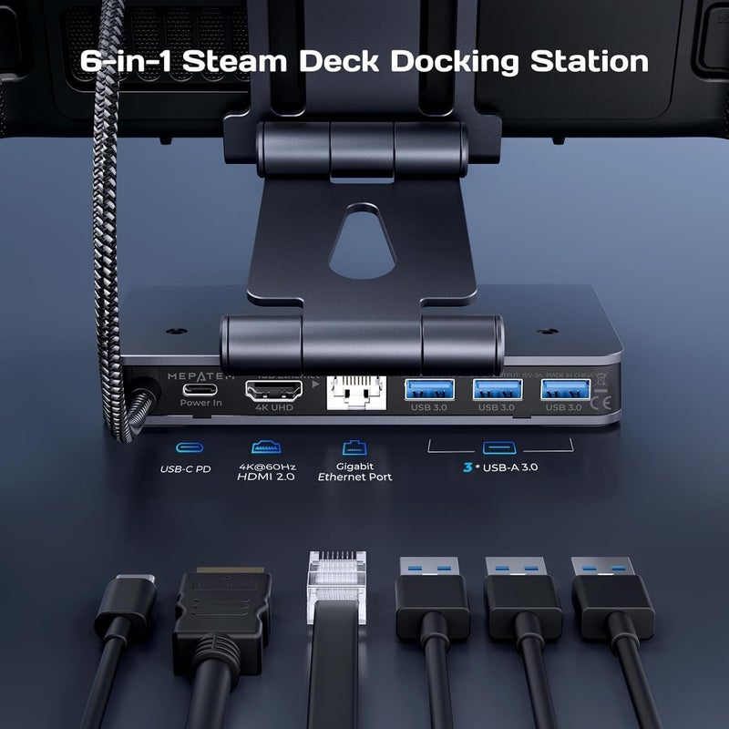 محطة إرساء Steam Deck Dock: حامل قابل للتعديل 6 في 1 مع منفذ HDMI 2.0 4K@60Hz للتلفزيون/إيثرنت 1 جيجابت/3 منافذ USB-A 3.0/شحن سريع PD 3.0 لـ Steam وiPad والهواتف الذكية الأخرى - أسود - Image 2