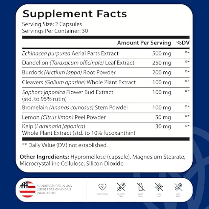 SYNVITE LymphaFlo - Lymphatic Drainage Supplement - Lymph System Support - with Bromelain, Echinacea, Dandelion, Rutin, Burdock, Lemon Powder, Kelp & More - Vegan, Gluten Free, Dairy Free - 60 Capsules - Image 2