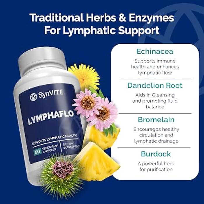 SYNVITE LymphaFlo - Lymphatic Drainage Supplement - Lymph System Support - with Bromelain, Echinacea, Dandelion, Rutin, Burdock, Lemon Powder, Kelp & More - Vegan, Gluten Free, Dairy Free - 60 Capsules - Image 3