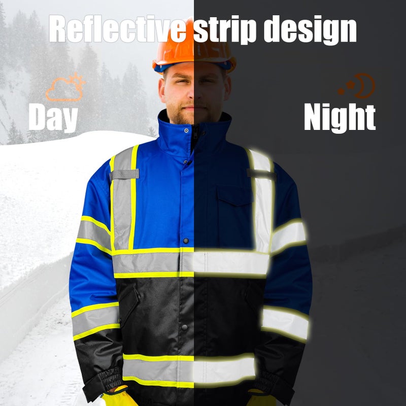 TOKISHI High Visibility Hoodie For Men Reflective Safety Jacket Zipper Men'S/Women'S Construction Work Safety Insulated Parka (US, Alpha, Large, Regular, Regular, Black Blue) - Image 4