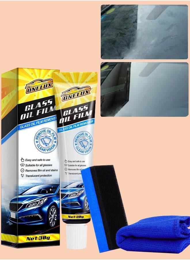 ONELUX - Car Glass Oil Film Stain Removal Cleaner 100% for Glass Clear Oil Film Remover for Glass Window Oil Film Remover Towel and Sponge Inside the Box   30g - Image 1