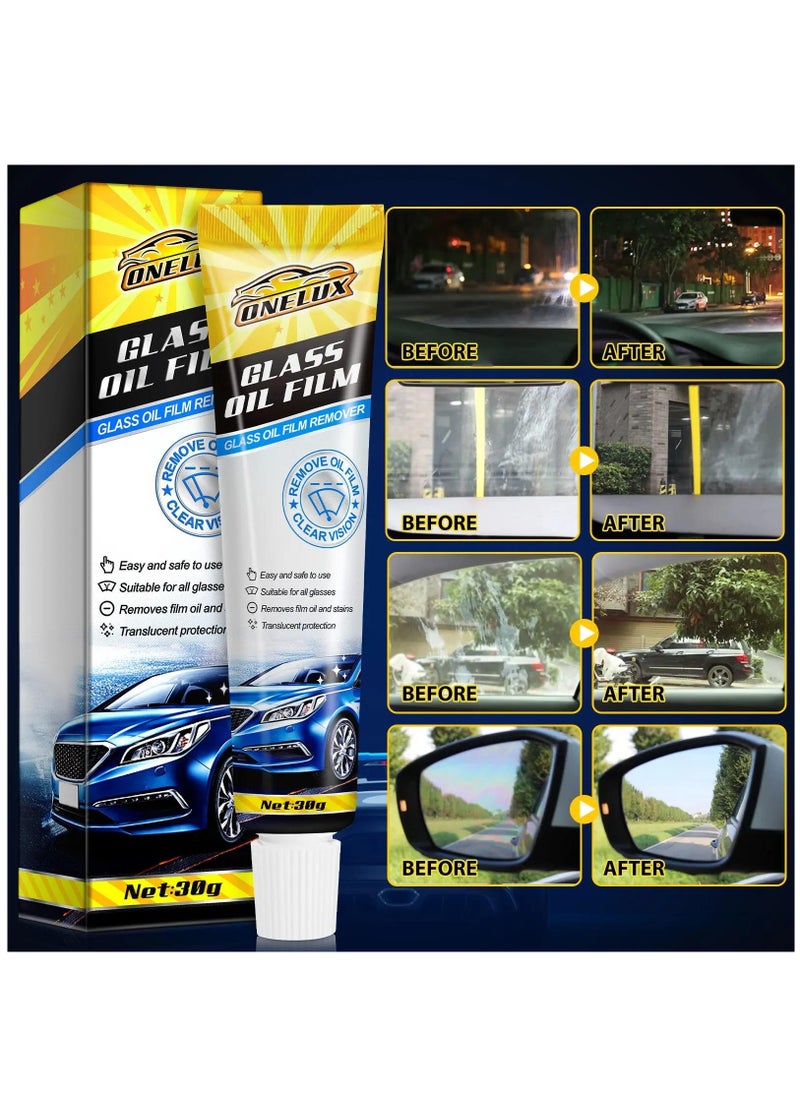 ONELUX - Car Glass Oil Film Stain Removal Cleaner 100% for Glass Clear Oil Film Remover for Glass Window Oil Film Remover Towel and Sponge Inside the Box   30g - Image 1