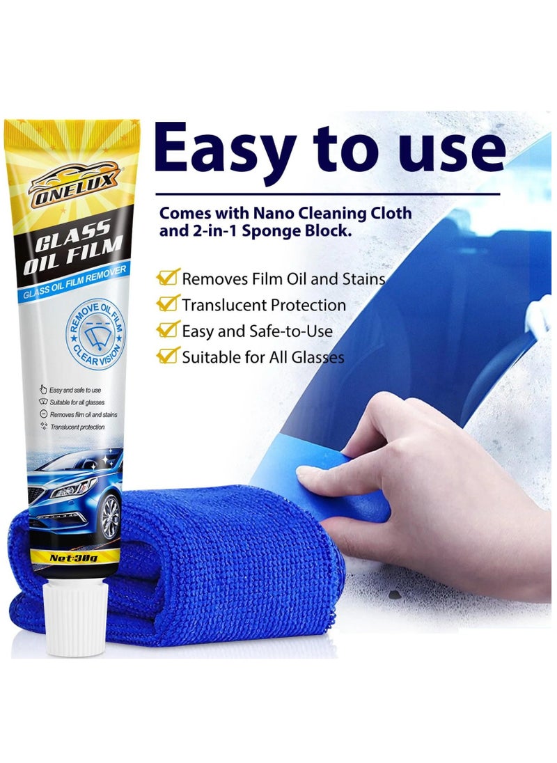 ONELUX - Car Glass Oil Film Stain Removal Cleaner 100% for Glass Clear Oil Film Remover for Glass Window Oil Film Remover Towel and Sponge Inside the Box   30g - Image 1