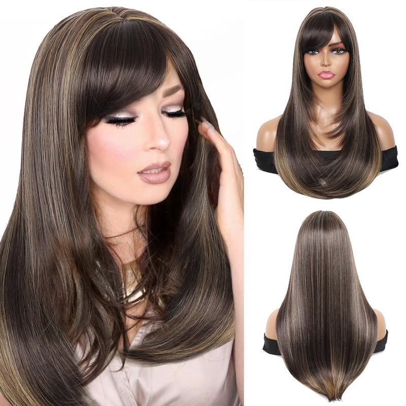 Kalyss Brown with Highlights Yaki Synthetic Womens Wig With Hair Bangs Centre Parting Long Straight Layered Heat Resistant Human Hair Blended Hair Wig for Women brown with highlights color