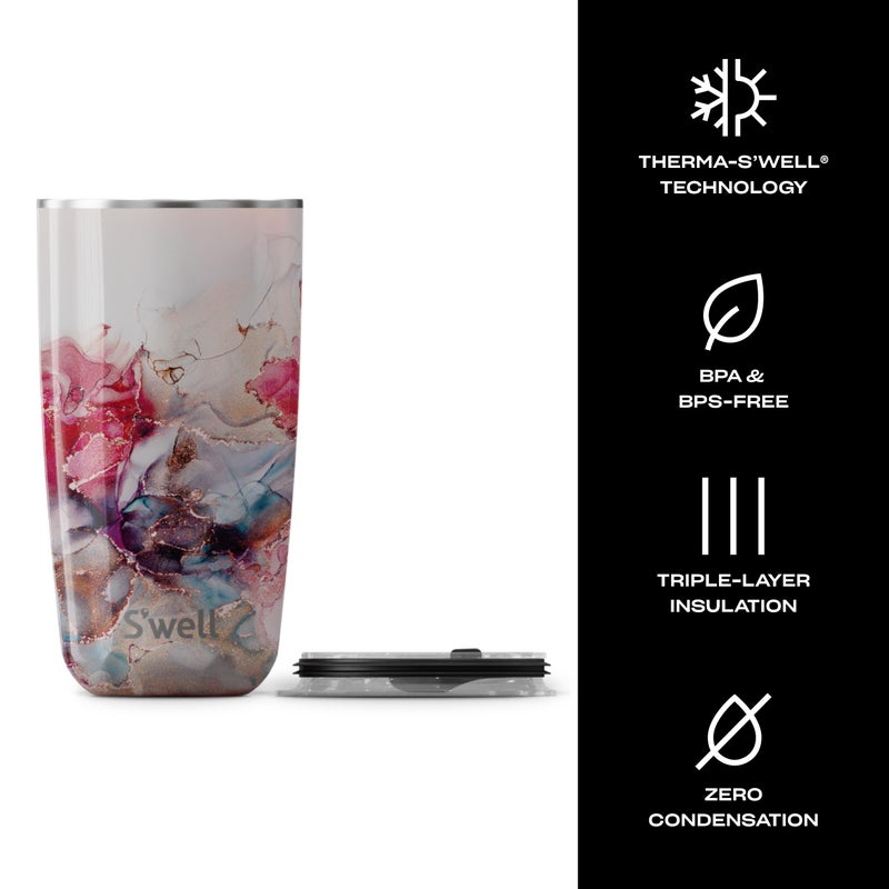 S'well Stainless Steel Tumbler with Slide-Open Lid, 18oz, Rose Marble, Triple Layered Vacuum Insulated Containers Keeps Drinks Cold for 12 Hours and Hot for 4, BPA Free
