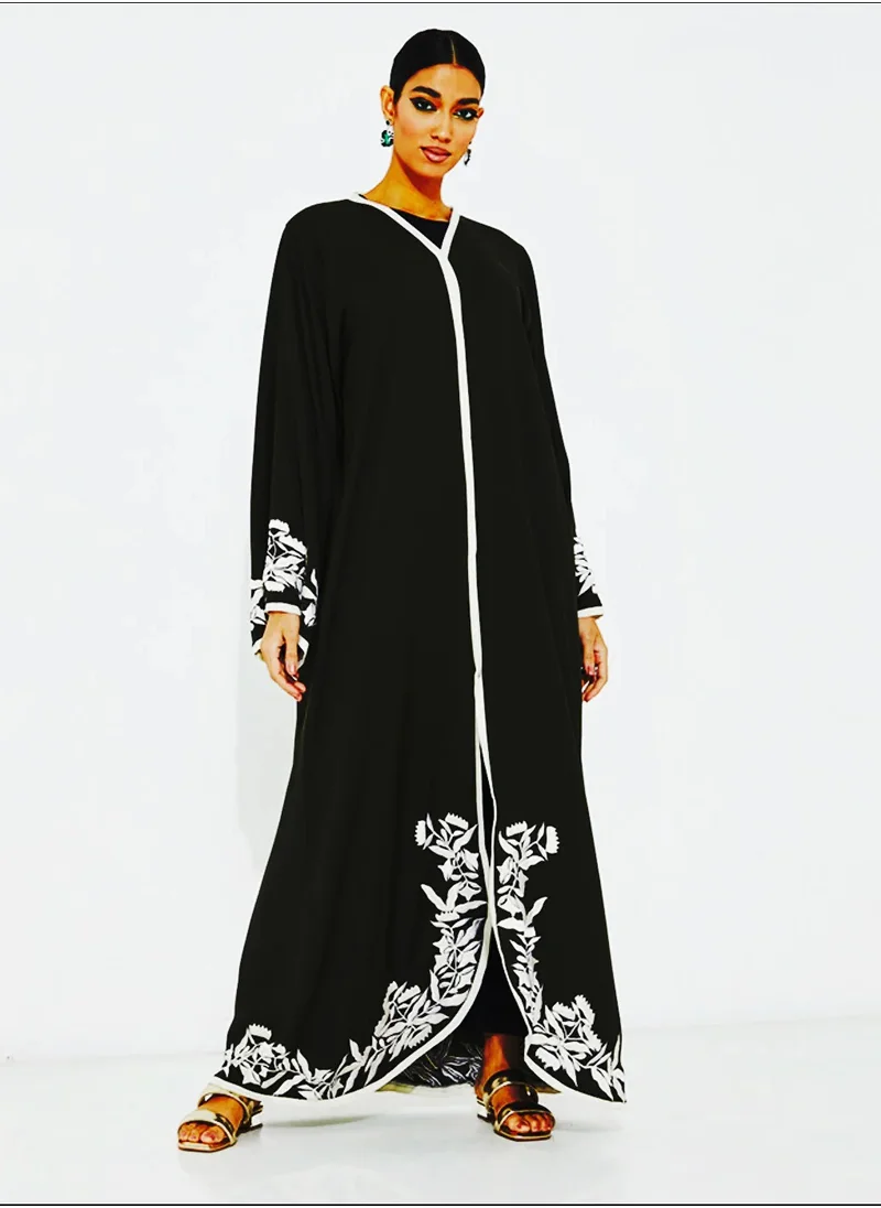 Rosette Abaya Black abaya With Embroidery Design wide sleeves