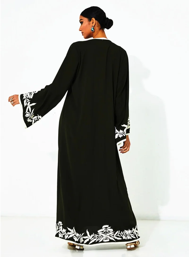 Rosette Abaya Black abaya With Embroidery Design wide sleeves