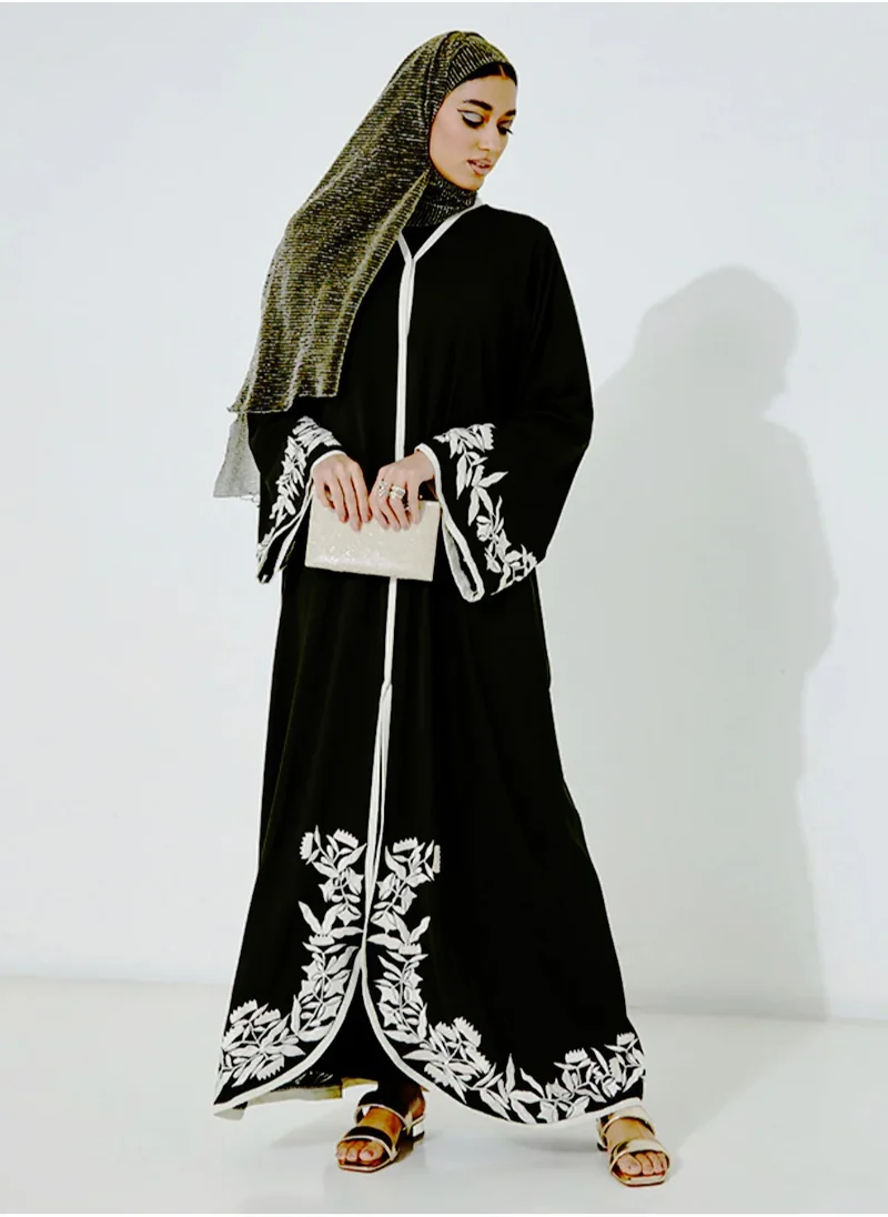 Rosette Abaya Black abaya With Embroidery Design wide sleeves