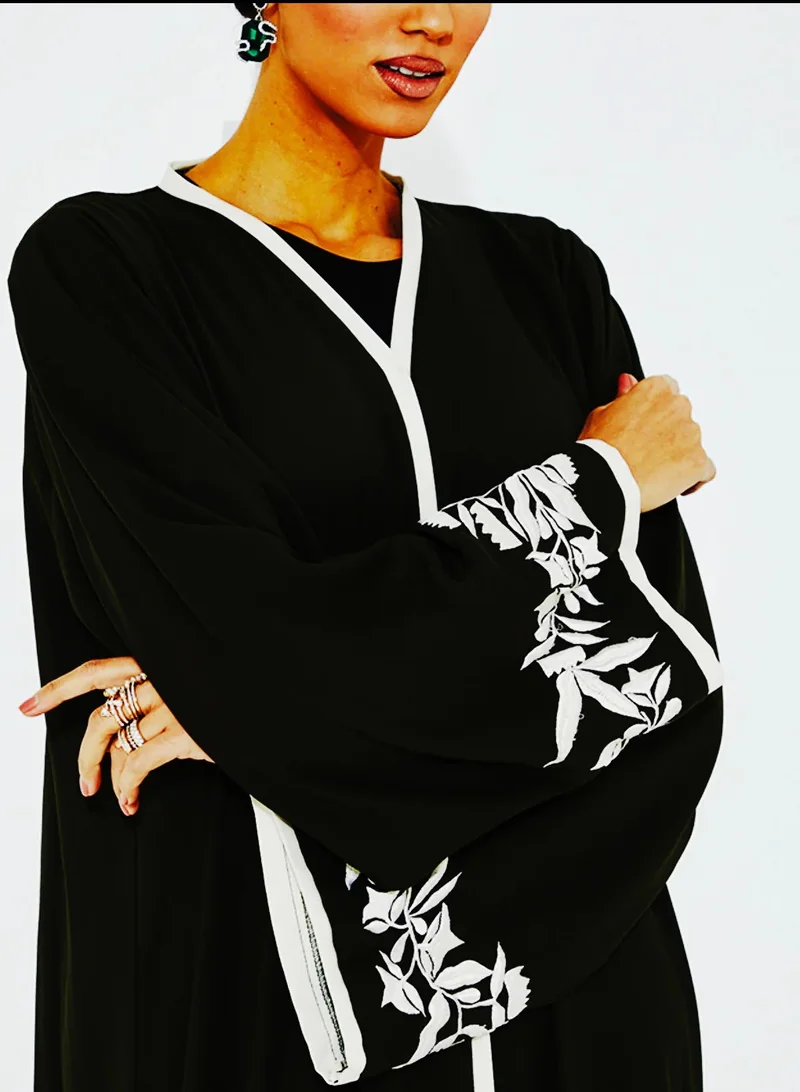 Rosette Abaya Black abaya With Embroidery Design wide sleeves