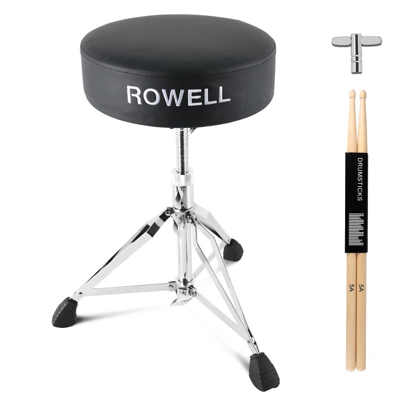 ROWELL Drum Throne Adjustable Drum Stool Lightweight Drum Seat Soft Drum Stools for Kids Widen ThickPadded Electric Drum Kit Thrones Max Weight 330Lb Drum Set Stool for Adults Women DrummersBlcak