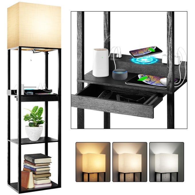 PLUS CHARGING STATION FLOOR LAMP WITH WIRELESS CHARGER 2 USBC PORT 2 POWER OUTLET FLOOR LAMP WITH SHELVES 15W LED BULB 3 COLORS MEMORY FUNCTION STANDING LAMP FOR LIVING ROOM BEDROOM