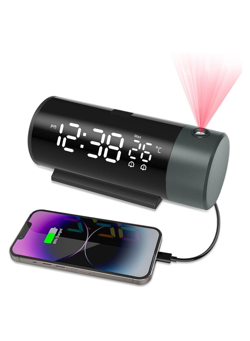 SYOSI Projection Alarm Clock for Bedrooms, Digital Clock with 3-Level Dimmer, Alarm Clock with 180° Rotatable Projector, Automatic Dimming, Clear LED Display, 12/24H, USB Charger, Snooze, Clock for Bedroom - Image 1