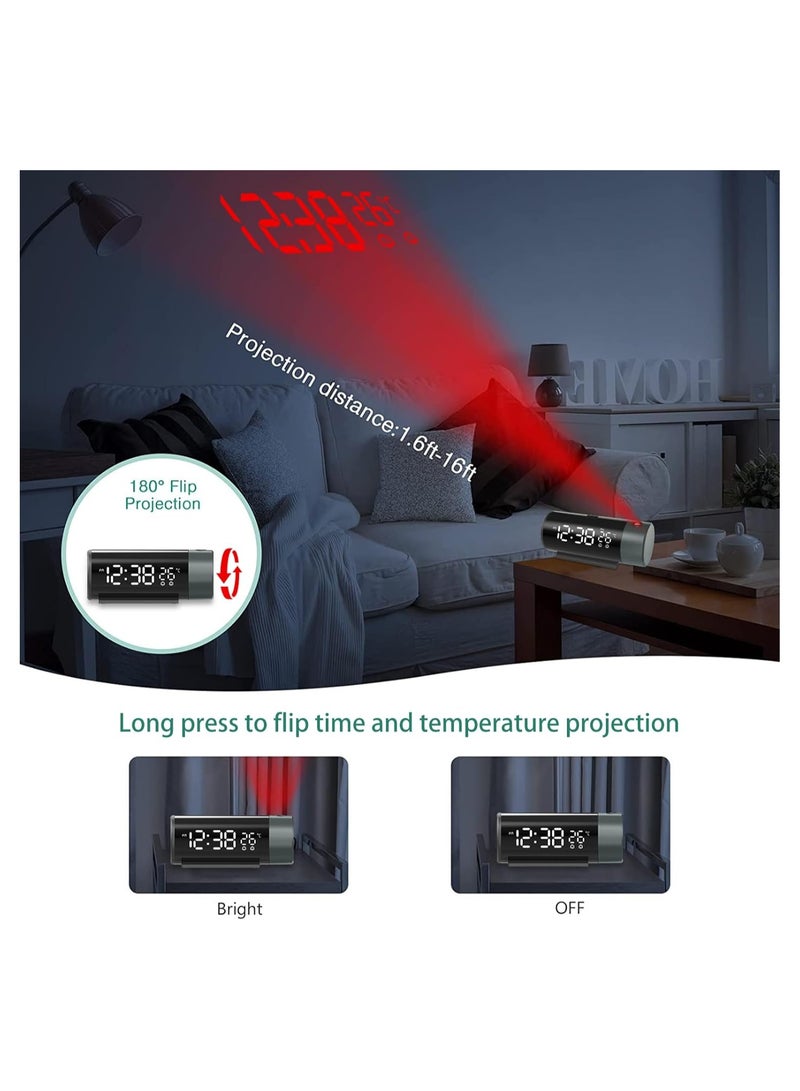 SYOSI Projection Alarm Clock for Bedrooms, Digital Clock with 3-Level Dimmer, Alarm Clock with 180° Rotatable Projector, Automatic Dimming, Clear LED Display, 12/24H, USB Charger, Snooze, Clock for Bedroom - Image 2