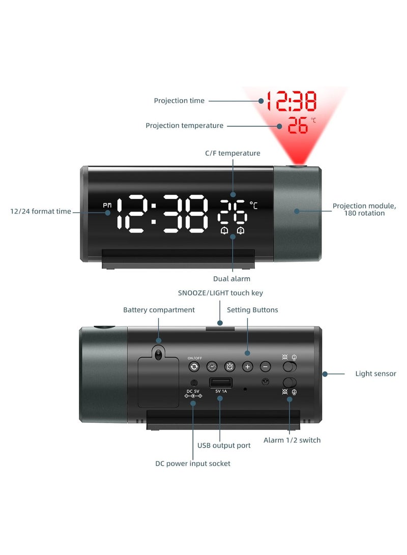 SYOSI Projection Alarm Clock for Bedrooms, Digital Clock with 3-Level Dimmer, Alarm Clock with 180° Rotatable Projector, Automatic Dimming, Clear LED Display, 12/24H, USB Charger, Snooze, Clock for Bedroom - Image 5
