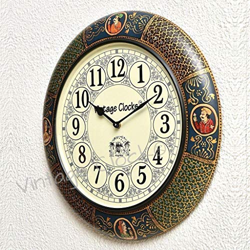 Vintage Clock Wooden Hand-Painted Maharaja Analog Clock / 1 Year Warranty/Non-Ticking (Silent Clock) / 18X18 Inches (45 Cm'S) - Image 1