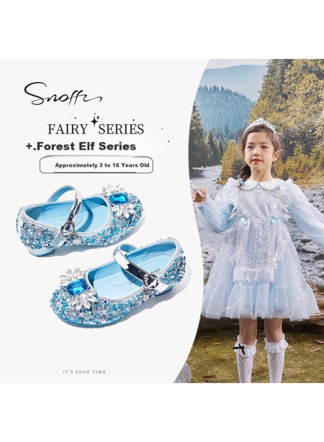 Snoffy Kids Crystal Shoes Spring Girls Low Heel Crystal Princess Shoes Fashion Performance Shoes Elsa Blue Size 32 - Image 1