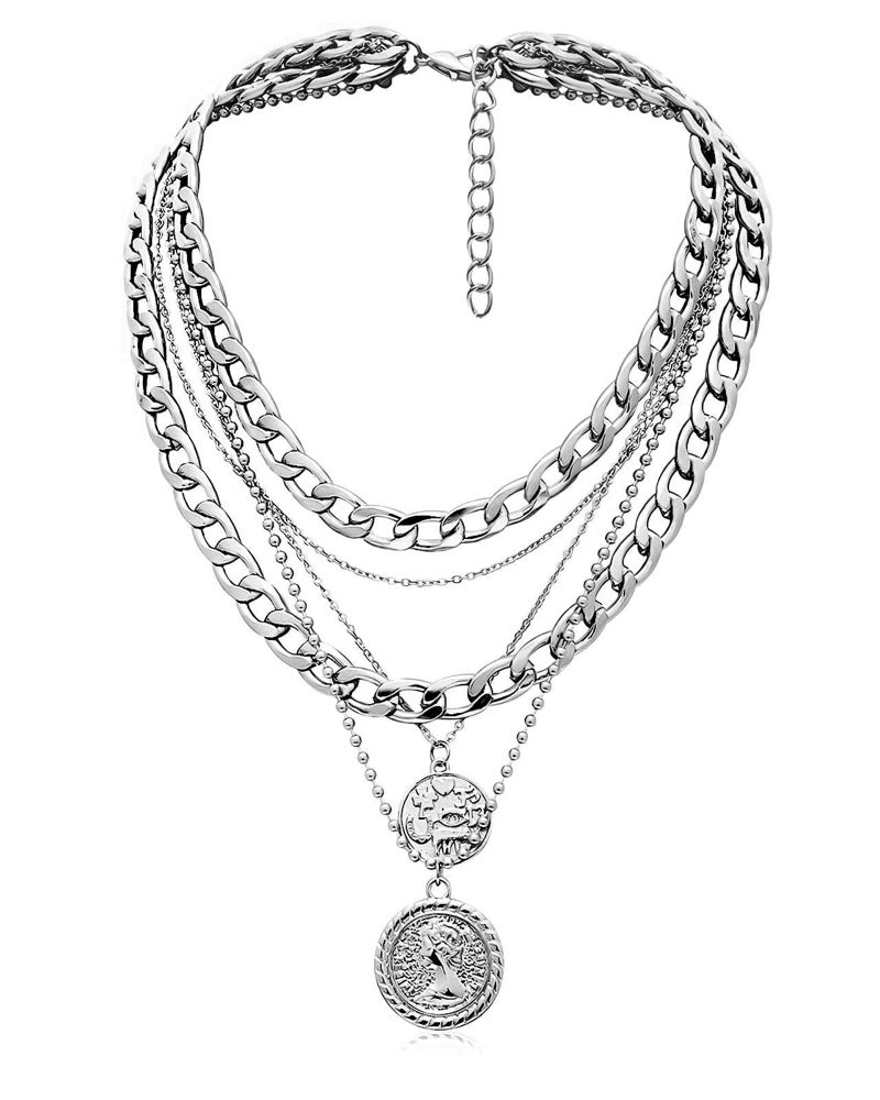 MJartoria Layered Necklaces for Women Trendy Retro Coin Pendant Necklace Dainty Chunky Chain Choker Necklaces for Jewelry Birthday Gifts (Silvery, A-Retro Coin-5 in 1 Layered) - Image 1