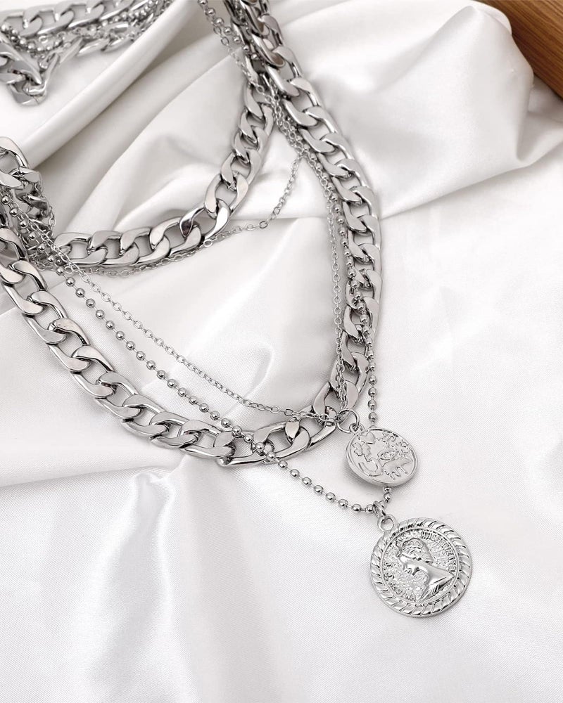 MJartoria Layered Necklaces for Women Trendy Retro Coin Pendant Necklace Dainty Chunky Chain Choker Necklaces for Jewelry Birthday Gifts (Silvery, A-Retro Coin-5 in 1 Layered) - Image 4