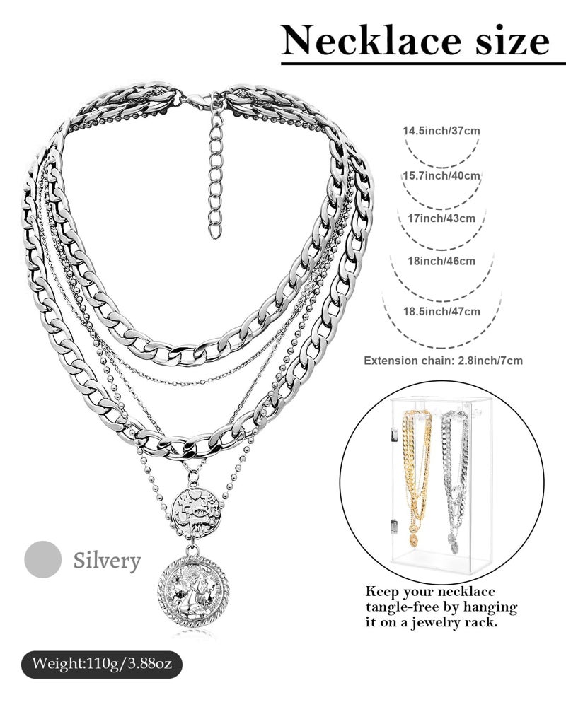 MJartoria Layered Necklaces for Women Trendy Retro Coin Pendant Necklace Dainty Chunky Chain Choker Necklaces for Jewelry Birthday Gifts (Silvery, A-Retro Coin-5 in 1 Layered) - Image 5