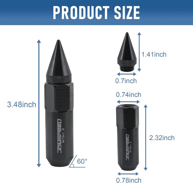JDMSPEED 20PCS M12X1.5 Cap Spiked Extended Tuner 60mm Aluminum Lug Nuts - Black - Image 4