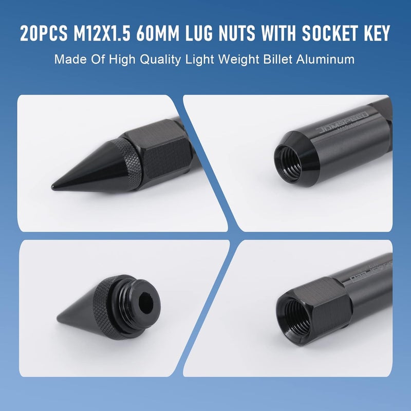 JDMSPEED 20PCS M12X1.5 Cap Spiked Extended Tuner 60mm Aluminum Lug Nuts - Black - Image 5